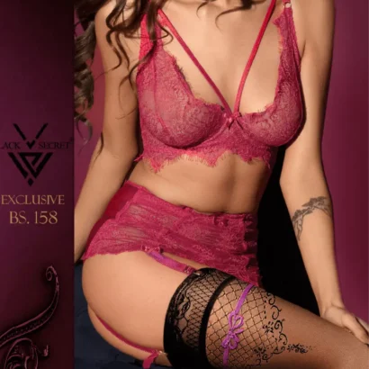 “Black Secret BS158 Hold Ups in black with sheer 15 denier fabric and lace top featuring bow detail.”