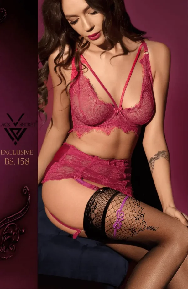 “Black Secret BS158 Hold Ups in black with sheer 15 denier fabric and lace top featuring bow detail.”